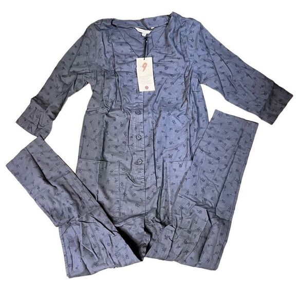 The Nines by HATCH 3/4 Sleeve Button-Front Maternity Jumpsuit Indigo Floral XS - Picture 7 of 9